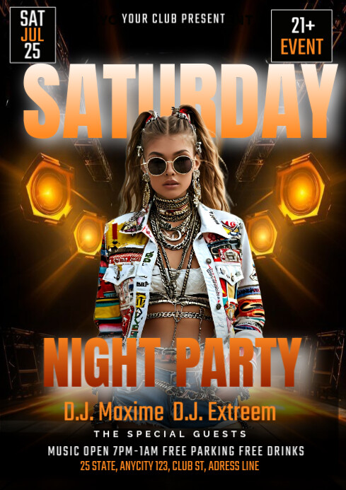 Black orange Maximalist Saturday Night Party A1 template