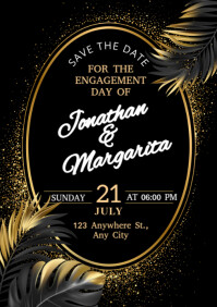 Black Pastel Elegant Black & Gold Engagement Invitation Template – Luxury Save The Date Design   A4
