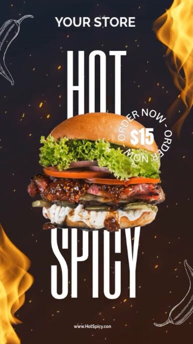 Black Pastel Yellow And Brown Hot And Spicy Burger/ Hot Dog Video  Digital Display (9:16) template