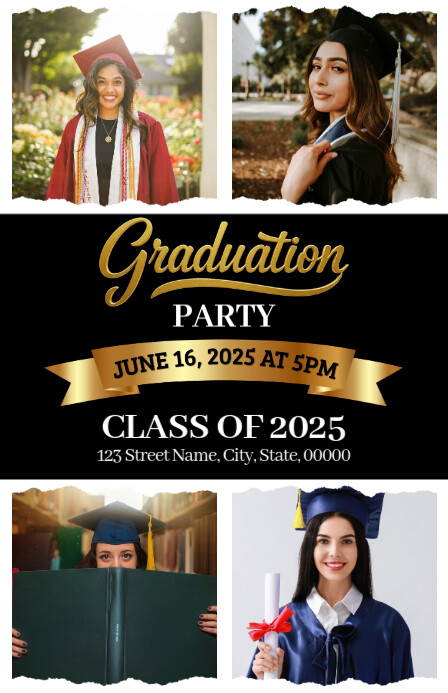 Black Photo Collage Graduation Invitation Halfbladsy Breed template