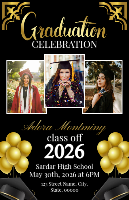 Half Graduation Card Black Photo Collage Graduation Invitation Half Page Wide Template ...