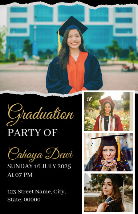 Half Graduation Card Black Photo Collage Graduation Invitation Half Page Wide Template ...