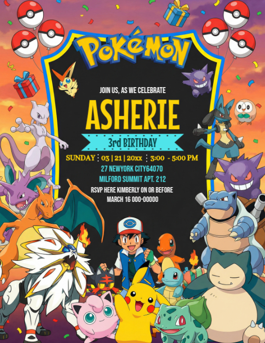 Black Pokemon Birthday Invitation, Flyer (us Letter) Template ...