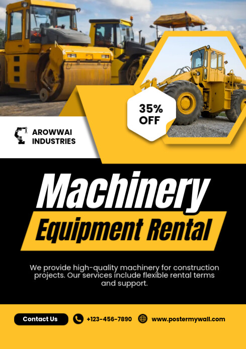 Black Profesional Machinery Equipment Rental A4 Template | PosterMyWall
