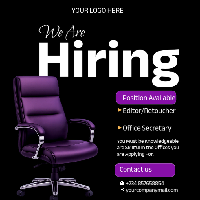 Black Job Hiring Instagram Ad Template | PosterMyWall
