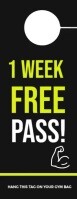 Black Professional Modern Gym Door Hanger – 1 Week Free Pass Promo Design Door Hanger Cartello da appendere alla porta template