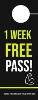 Black Professional Modern Gym Door Hanger – 1 Week Free Pass Promo Design Door Hanger template