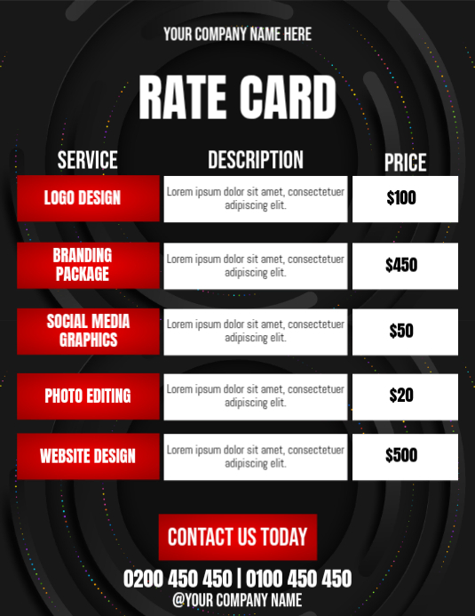 Black Professional Rate Card Flyer Template | PosterMyWall