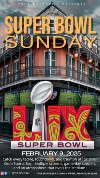 Black Professional  Super Bowl Lix Football Sports Bar Social Media Post. Super Bowl New Orleans.  I Instagram Story template