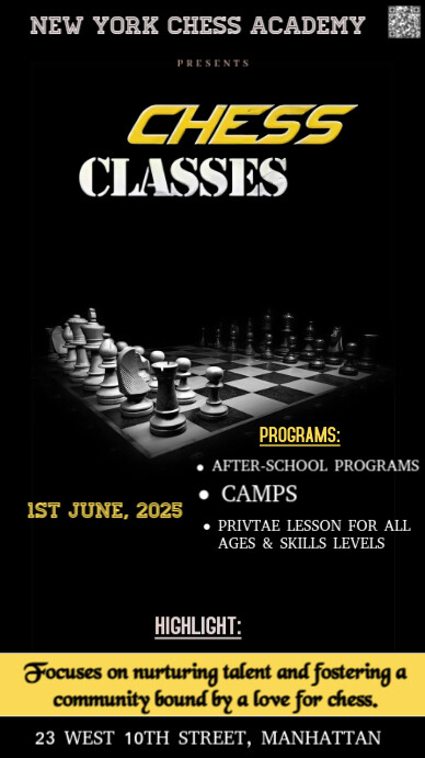 Black Professional The Image Is A Sleek, Black-themed Flyer Advising Chess Classes  Instagram Story template