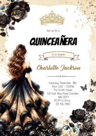 Black Quinceanera party invitation A6 template