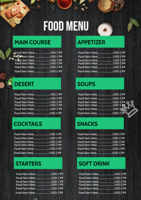 Black Restaurant Food Menu A2 เทมเพลต | PosterMyWall