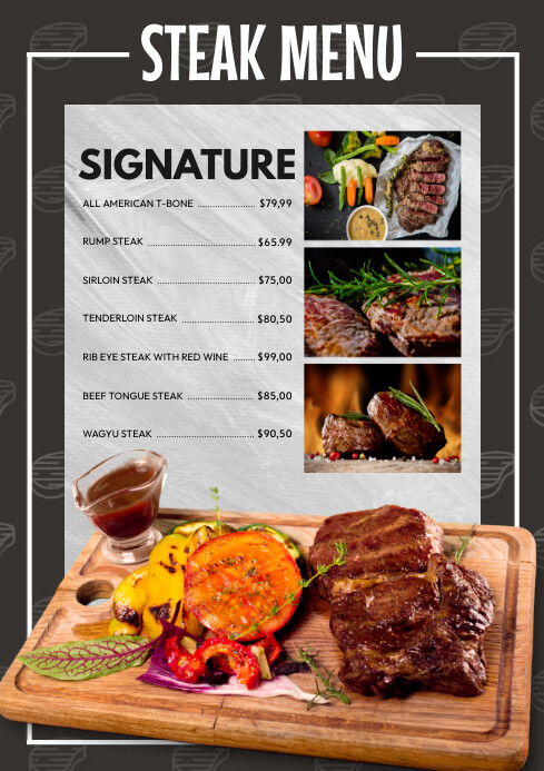 Black Signature Steak Menu Template | PosterMyWall