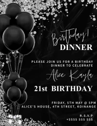 Black Silver 21st Birthday Party Invitation Flyer (US Letter) template