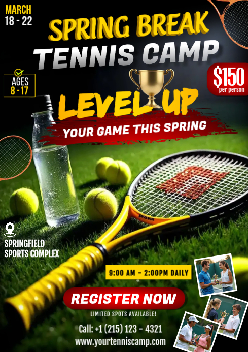 Black Spring Break/ Summer Tennis Camp Flyer Template A4 | PosterMyWall