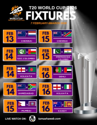 Black T20 World Cup 2026 Fixtures Flyer Video Volante (Carta US) template