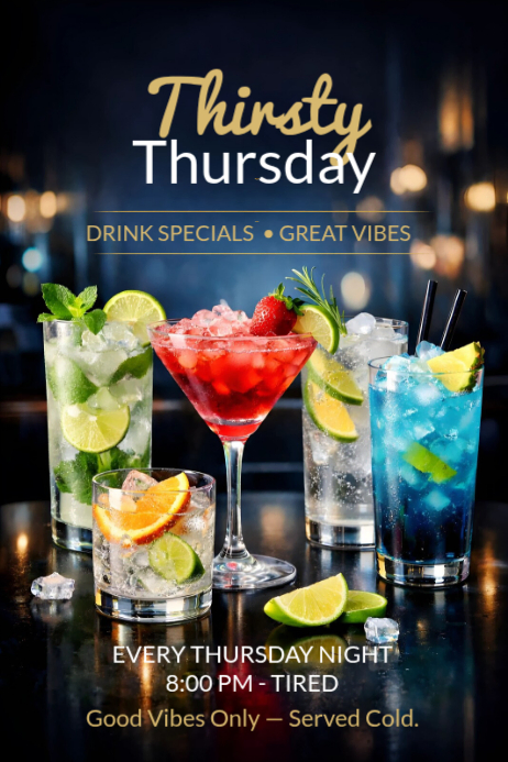 Black Thirsty Thursday Event Poster Template | PosterMyWall