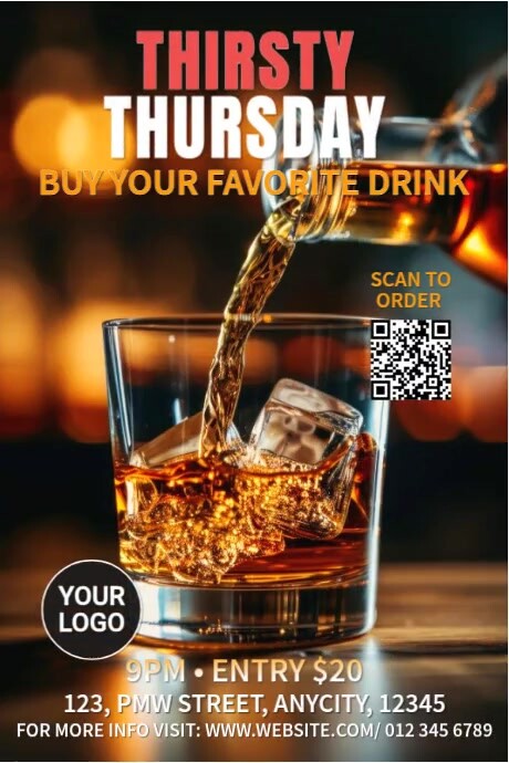 Black Thirsty Thursday Flyer Template – Elegant Bar Night Drink Special Poster” Poster