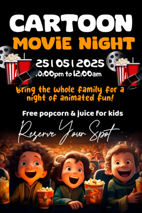 Black Typographic Cartoon Movie Night Poster template