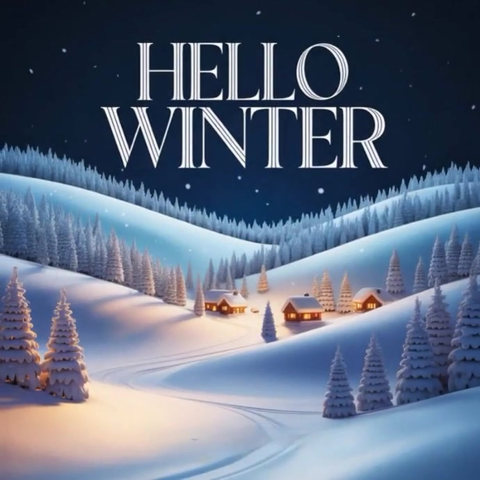 Black Typographic Hello Winter Snowy Landscape Poster – Cozy Winter Wonderland Cabin Art Instagram P template