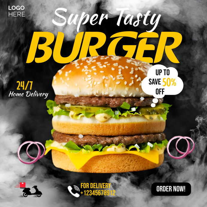 Black Typography Tasty Burger Instagram Post template