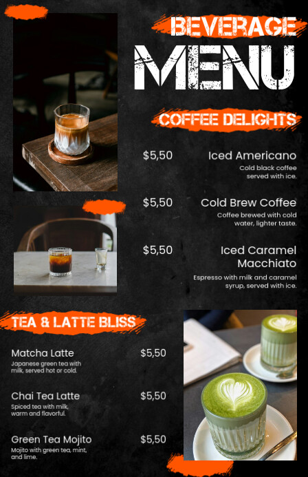 Black Urban Modern Beverage Menu List Template (Half Page Wide ...