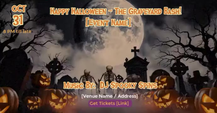 Black Vintage Animated Graveyard Bash Halloween Event Cover Template Facebook Event Cover