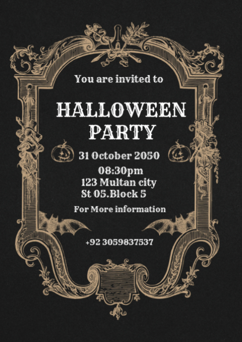 Black Vintage Halloween Party Invitation A6 Template | PosterMyWall