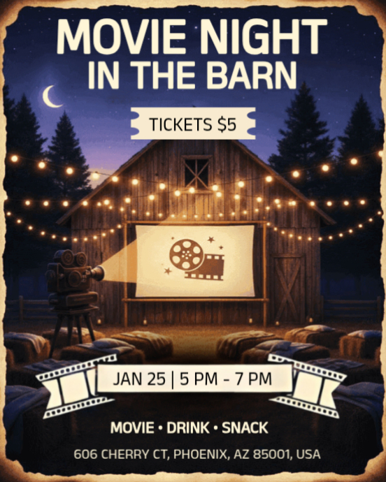 Black Vintage Rustic Movie Night In The Barn Flyer Template - $5 Ticket ...