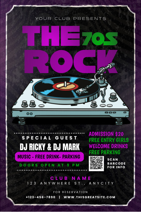 Black Vintage The 70's Rock Music Party  Post Plakat template