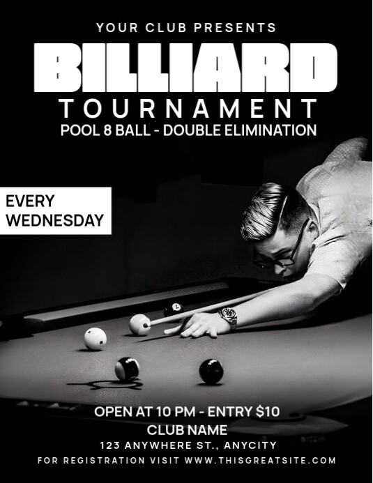 Black White Modern & Minimal Billiard Tournament  Flyer (us Letter) template