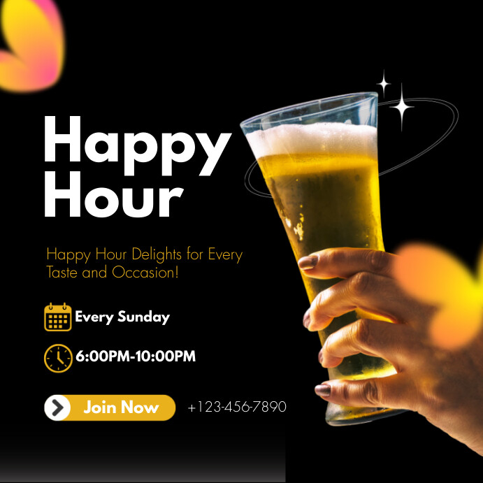 Black Yellow Modern Happy Hour Facebook Post Template | PosterMyWall