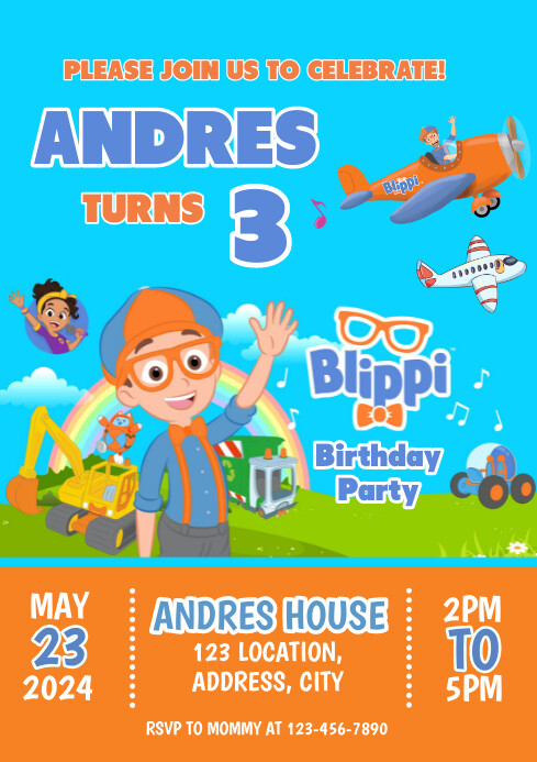 Blippi Airplane Birthday Invitation Template A4