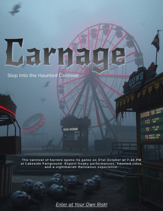 Blood Red Fog Haunted Carnival Halloween flyer template | PosterMyWall