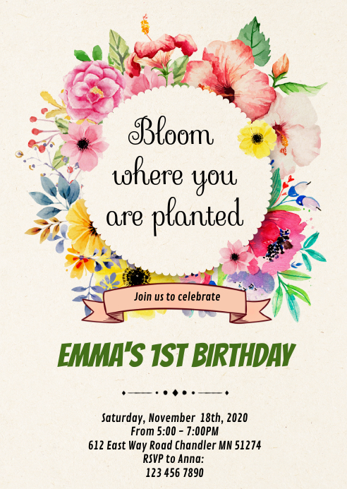 Bloom where you are planted party invitation A6 template
