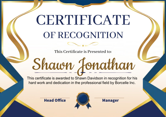 Blue & Gold Certificate of Recognition Template | PosterMyWall blue-gold-certificate-of-recognition-template-postermywall