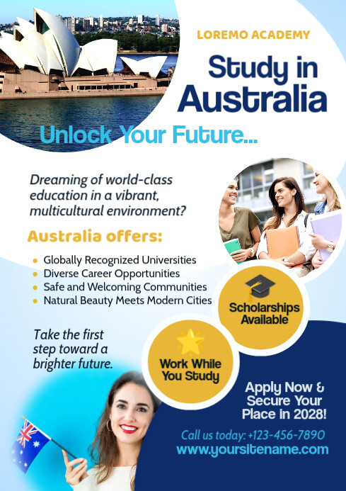 Blue & White Professional Study In Australia A4 Flyer template
