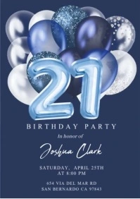 Blue 21st birhtday invitation, blue and white balloons, minimal design A5 template