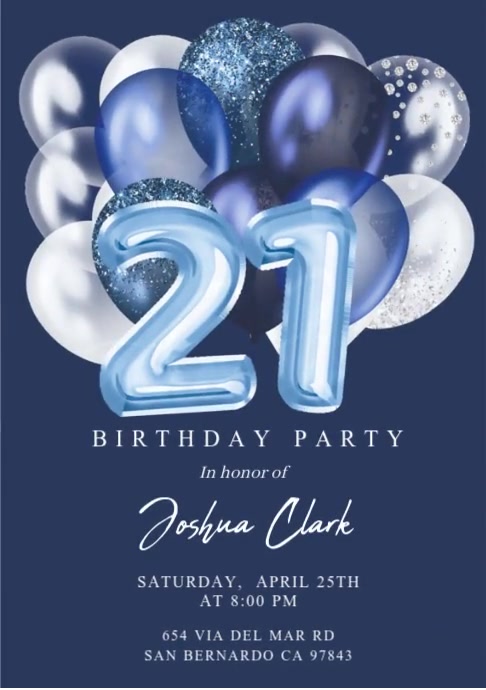 Blue 21st birhtday invitation, blue and white balloons, minimal design A5 template