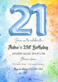 blue 21st birthday invitation A6 template