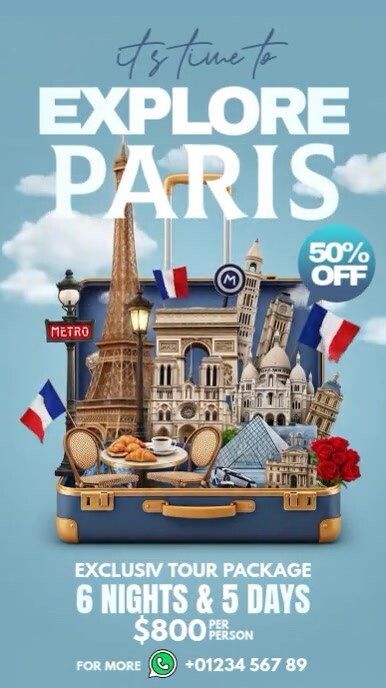 Blue 3d Explore Paris Ads Instagram Story template