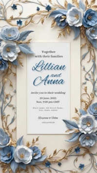 Blue 3d Floral Wedding Invitation Instagram S template
