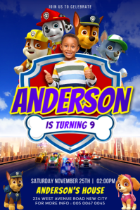 Blue 3d Paw Patrol Themed Kids Birthday Party Invitation Customizable Flyer Template Poster