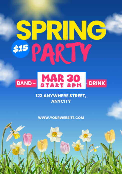 Blue 3d Spring Party A4 Template | PosterMyWall