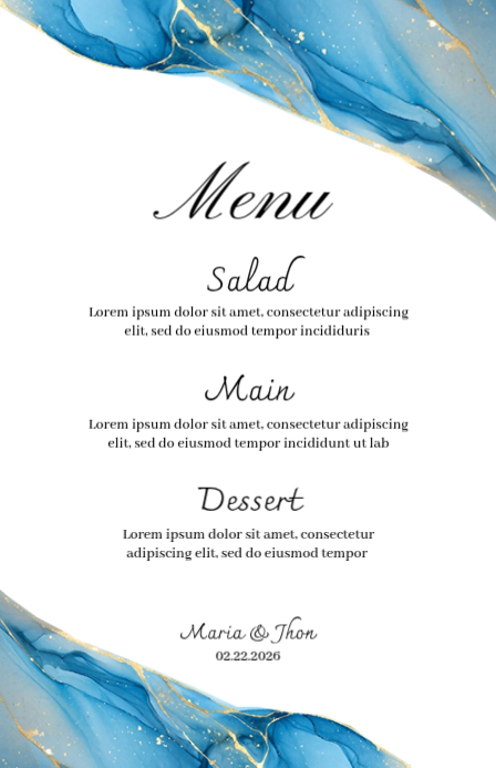 Blue Abstract Design Wedding Menu Half Page Wide Template | PosterMyWall