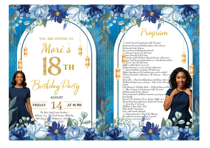 Copy of Blue and Gold Floral Debut Invitation Program | PosterMyWall