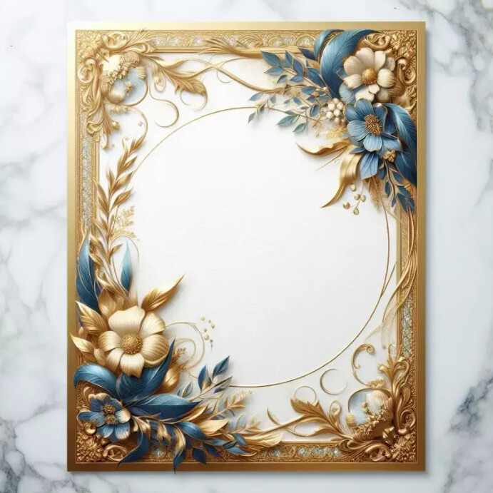 Blue and gold vintage flowered frame template Instagram 帖子