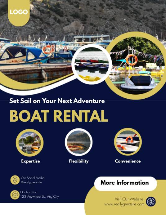 Blue and Green Modern Boat Rental Flyer Template | PosterMyWall