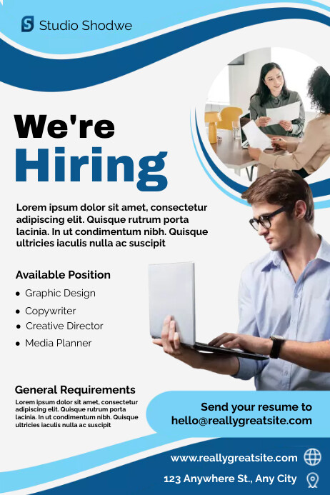 Blue And Grey Modern We're Hiring Poster Template | PosterMyWall