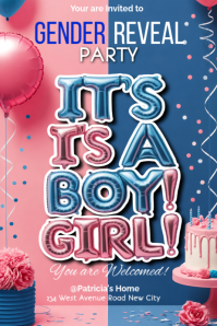 Blue and pink Joyful Gender Reveal Party its a boy or girl baby announcement event invitation card t Plakat template